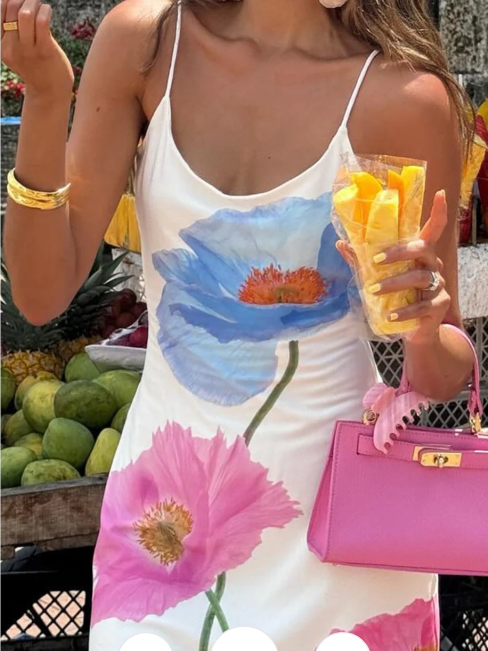 Commense White Strapless Slip Dress with Blue & Pink Floral Print